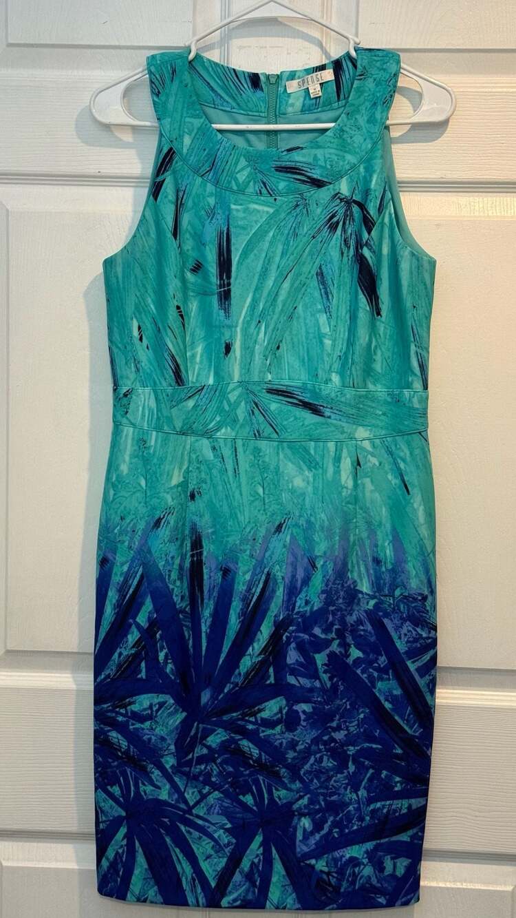 Spense Blue Green Tropical Leaf Dress